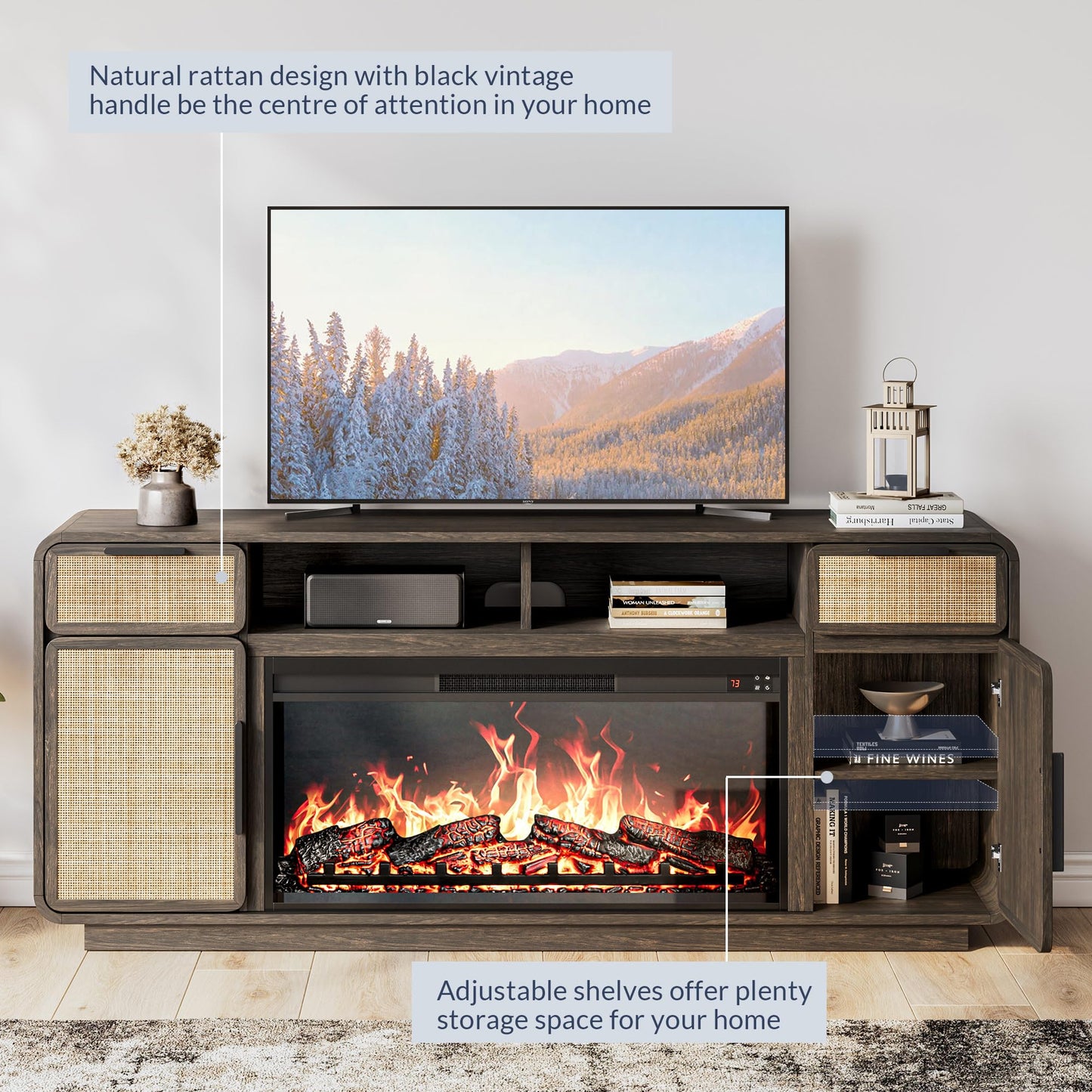 BELLEZE 68" TV Stand for TV Up to 75",Boho Entertainment Center with 36" Electric Fireplace Heater with Sound, Rattan Decorated Console Table Storage Cabinet for Living Room, Bedroom - (Brown)