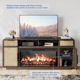 BELLEZE 68" TV Stand for TV Up to 75",Boho Entertainment Center with 36" Electric Fireplace Heater with Sound, Rattan Decorated Console Table Storage Cabinet for Living Room, Bedroom - (Brown) BELLEZE
