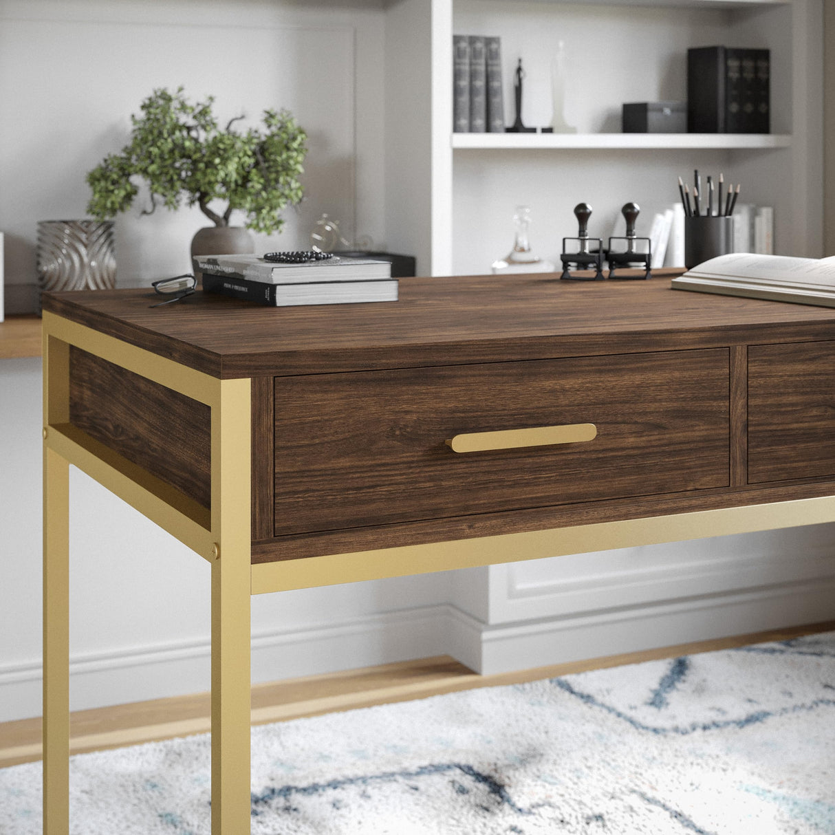 Martha Stewart Ollie Home Office Desk with 3 Drawers in Walnut Wood Grain with Polished Brass Hardware Martha Stewart