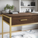 Martha Stewart Ollie Home Office Desk with 3 Drawers in Walnut Wood Grain with Polished Brass Hardware Martha Stewart