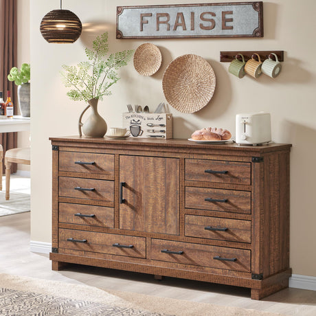 OKD Farmhouse Large Buffet Sideboard Cabinet with 8 Drawers and Adjustable Shelf, Buffet Table Coffee Bar Wine Bar Storage Cabinet for Dining Room, Living Room, Reclaimed Barnwood OKD