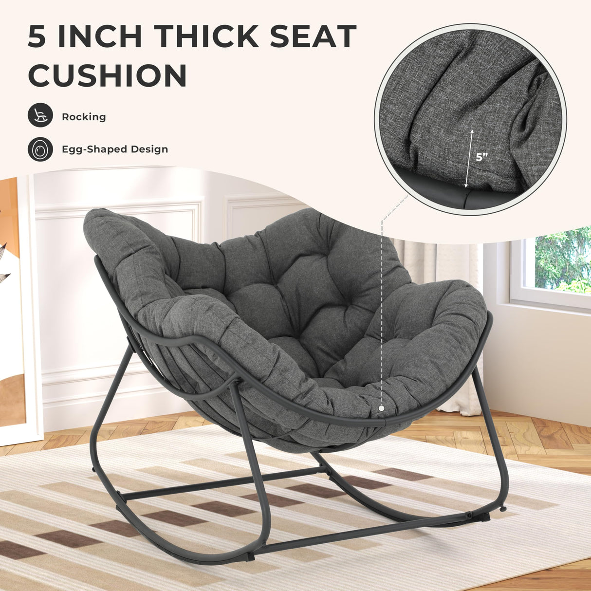 GREEN MORE Patio Rocking Chair Oversized Indoor & Outdoor, Egg Rocking Chair Lounge with Padded Cushion and Metal Frame for Front Porch Patio Backyard GREEN MORE