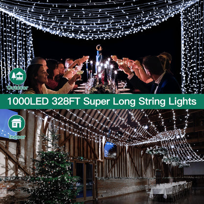 Christmas Lights 328FT 1000LED, Outdoor String Lights with Remote and Timer, Cool White Christmas Lights with 8 Modes Dimmable, Fairy Lights for Wedding Party Home Xmas Holiday Decor