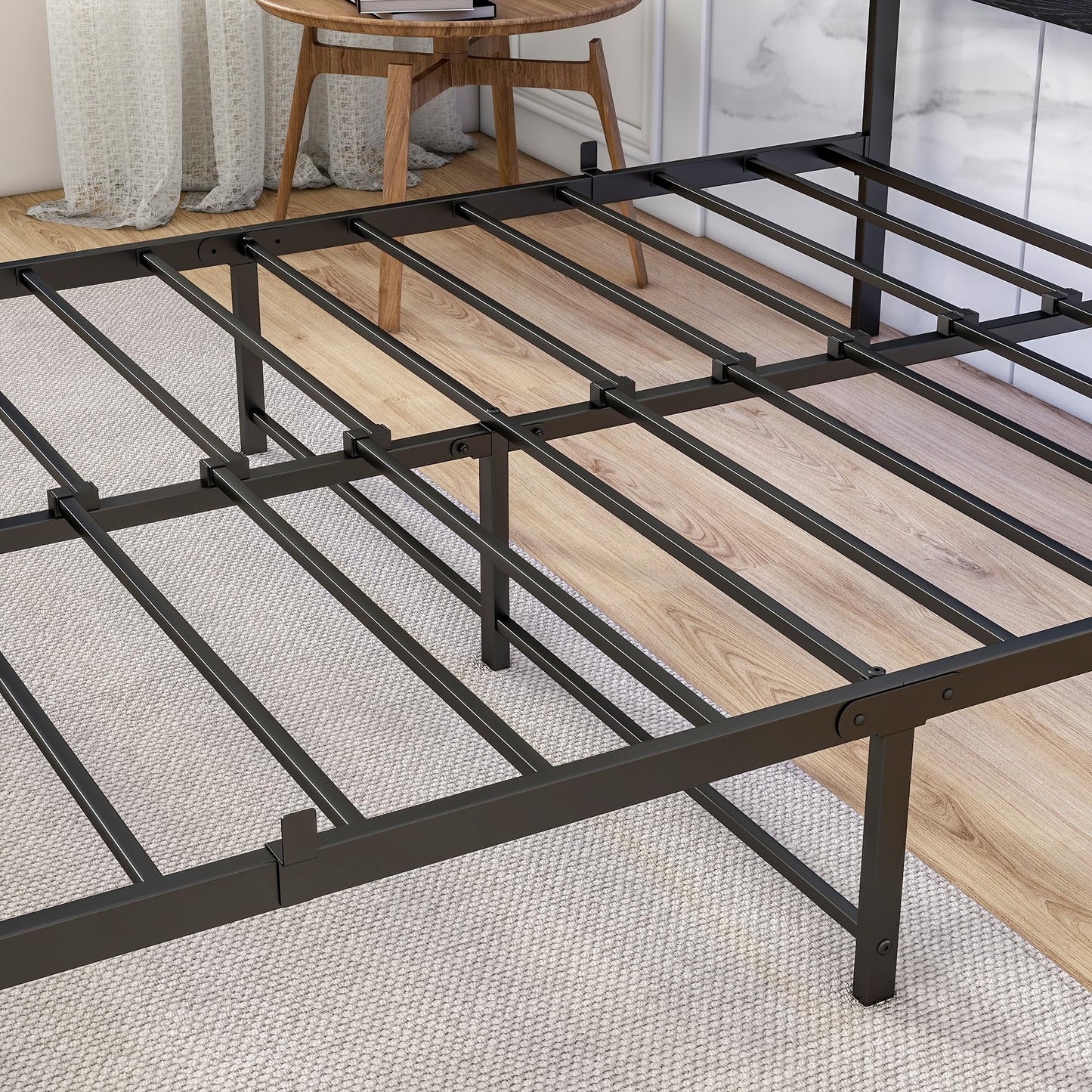 Full Size Bed Frame with Wood Headboard/LED Lights,Platform Metal Bed Frame Full Size with Charging Station,Heavy Duty Metal Slats Support,No Box Spring Needed,Noise Free,Black