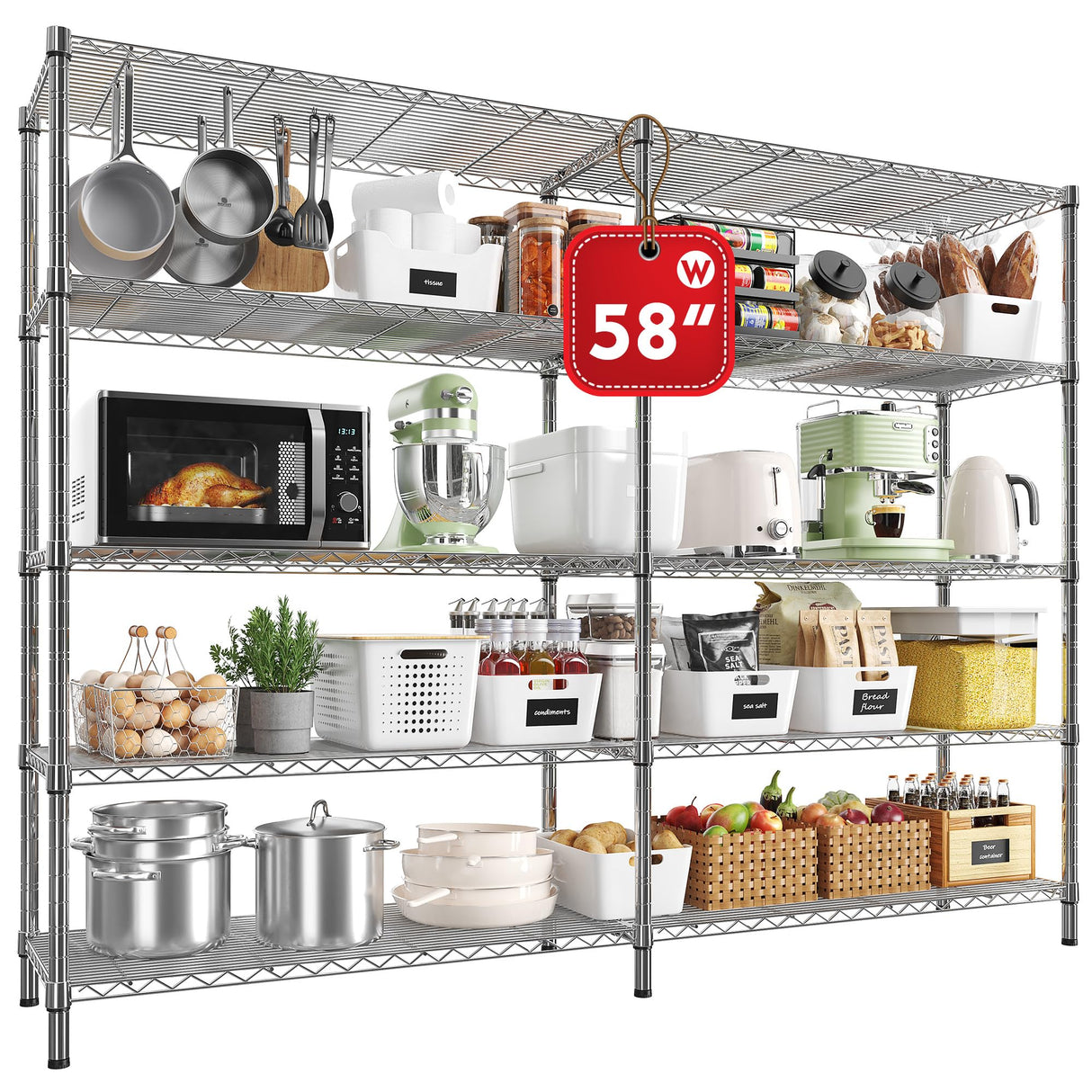 REIBII 58" W Storage Shelves Wire Shelving Load 1400LB Metal Shelves for Storage 5 Tier Heavy Duty Shelving Unit with Shelf Adjustable Garage Shelving Rack Pantry Kitchen 58" W x 59" H x 13.8" D REIBII