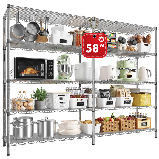 REIBII 58" W Storage Shelves Wire Shelving Load 1400LB Metal Shelves for Storage 5 Tier Heavy Duty Shelving Unit with Shelf Adjustable Garage Shelving Rack Pantry Kitchen 58" W x 59" H x 13.8 - WoodArtSupply