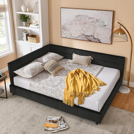 RuiSiSi Queen Size Upholstered Daybed, Queen Corner Bed with L Shaped Headboard, Velvet Day Bed Floor Bed Frame for Living Room Guest Room, Reversible Left or Right, Black RuiSiSi