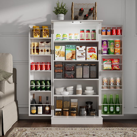 NEWOWNDS 50'' LED Kitchen Pantry Storage Cabinet, White Pantry Cabinets for Kitchen Storage with Adjustable Shelves, Freestanding Food Storage Cabinet with Doors for Living Room and Dinning Room NEWOWNDS