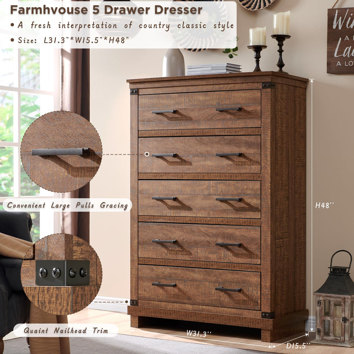 Farmhouse 5 Drawers Dresser for Bedroom, Tall Chest of Drawers with Thick Plank Styling, Wood Rustic Closet Dresser for Bedroom, Living Room, Reclaimed Barnwood RedLemon