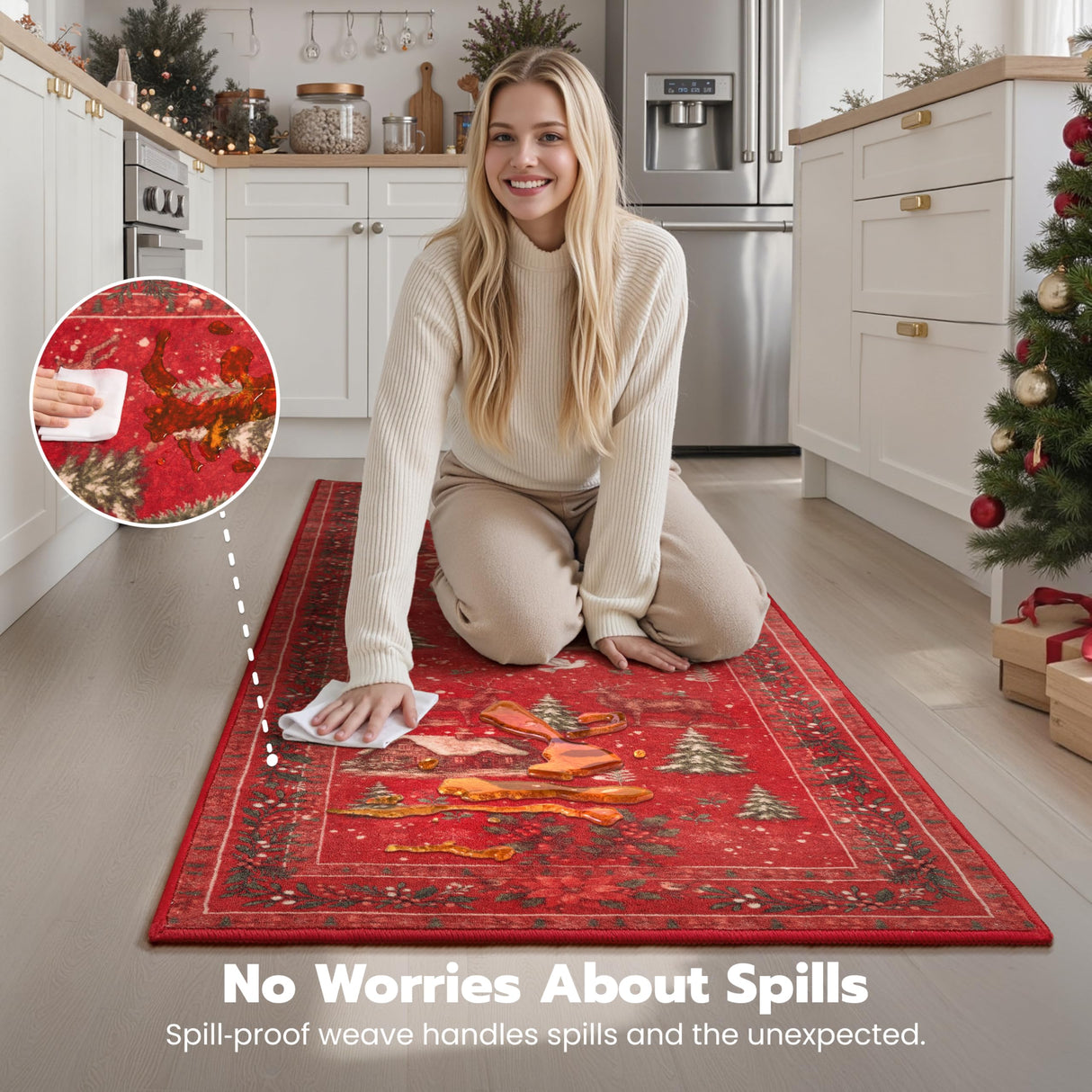 Joiedomi Christmas Hallway Runner Rug Washable 2'x8' Non Slip Kitchen Rug with Rubber Backing Soft Christmas Tree Santa Claus Floor Carpet Runners for Entryway Laundry Bedroom Bathroom Indoor (Red) Joiedomi