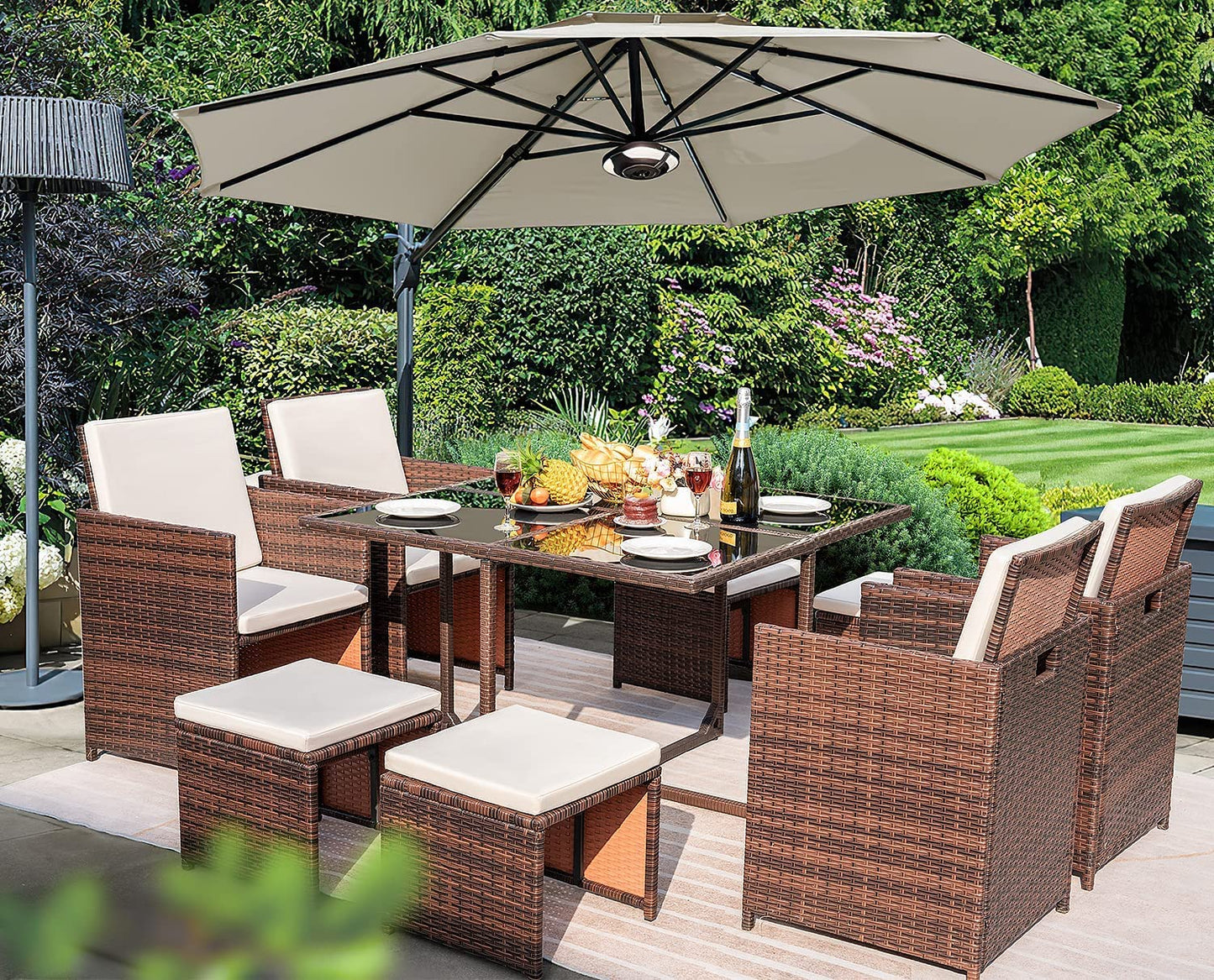 Homall 9 Pieces Dining Outdoor Furniture Patio Wicker Rattan Chairs and Tempered Glass Table Sectional Conversation Set Cushioned with Ottoman (Brown) - WoodArtSupply