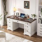 EnHomee 55" Computer Desk with 7 Drawers Farmhouse Computer Desk with Charging Station Home Office Desk for Study, Bedroom, Living Room, Office Desk,Desk,Brown+White,Dark Rustic Oak EnHomee