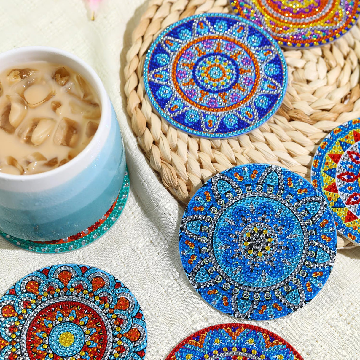 8 PCS Mandala Diamond Art Coasters Kits, Boho Diamond Painting Coasters with Holder Set of 8, DIY Drink Coasters Art Crafts Supplies for Adults Cup Mat for Home Decor House Warming Gifts 3.9inch FOXKISS