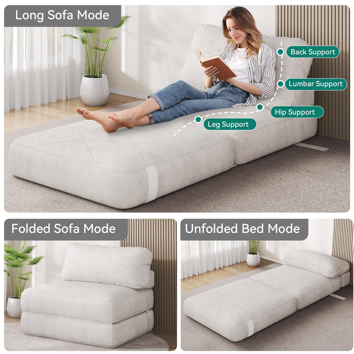 YITAHOME Folding Sofa Bed,New Upgrade Resilient Pocket Spring Cushion-Fold Out Chair Bed, Convertible Lazy Sleeper Chair with Back Support,Comfy Floor Sofa Lounge for Living Room, Bedroom, Beige YITAHOME