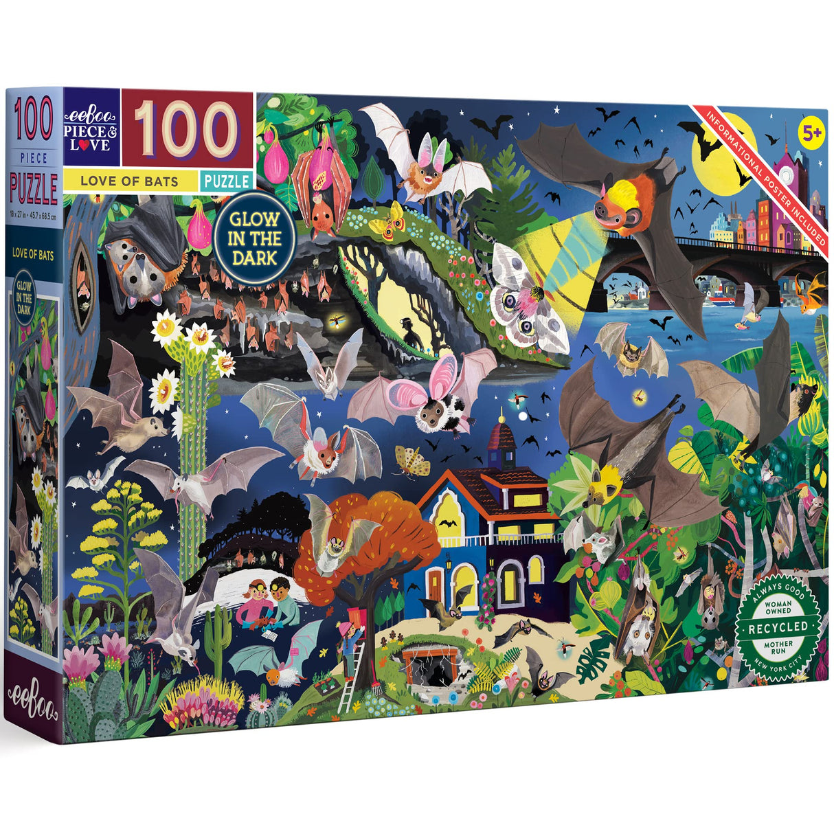 eeBoo Love of Bats Glow in The Dark 100 Piece Jigsaw Puzzle/Ages 5+ (PZBAT) eeBoo