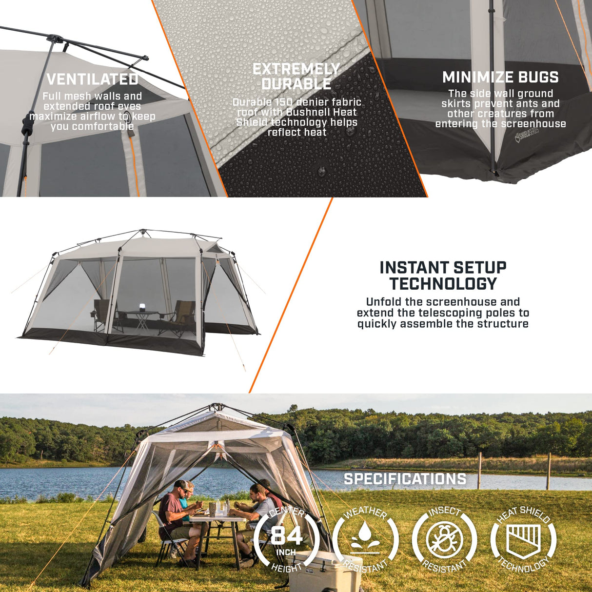Bushnell Screenhouse with Instant Setup Technology | 14' x 10' Large Size with Extended Eaves Poles to Maximize Space For Camping & Hiking, For 8 Person Bushnell