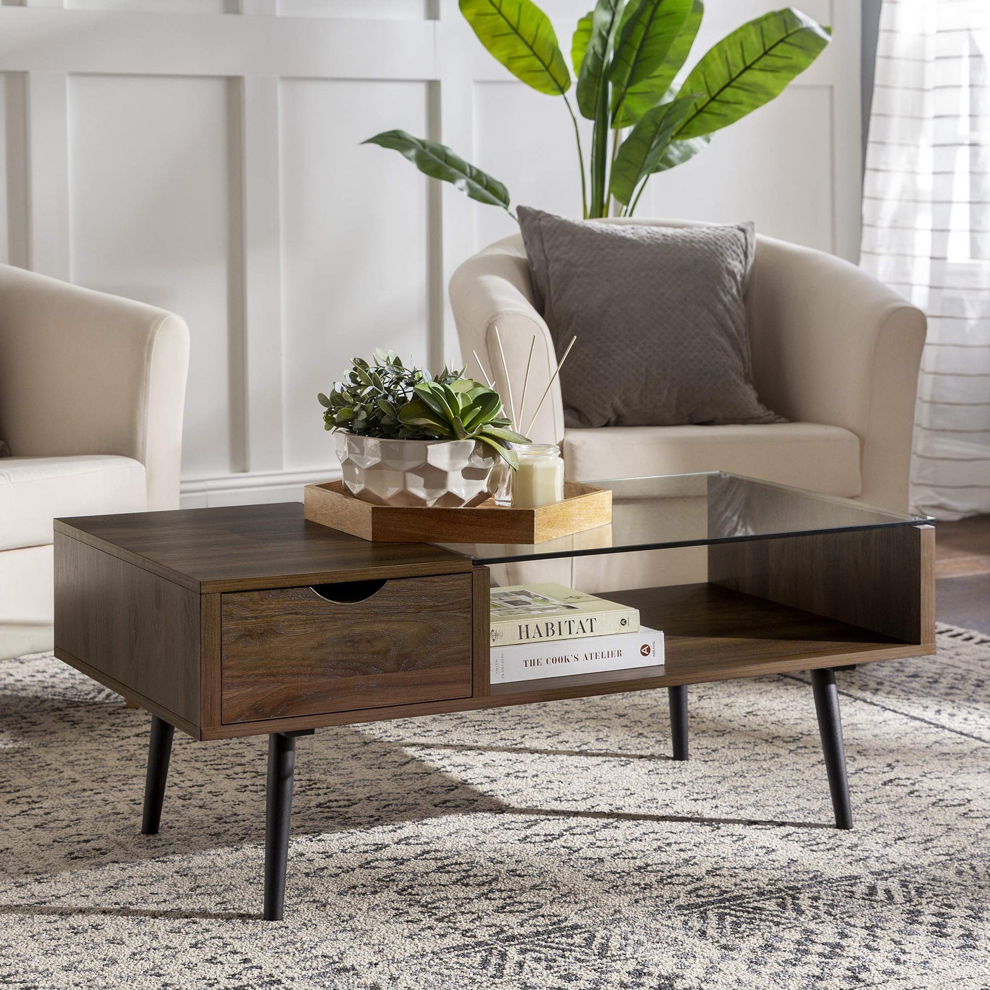 Walker Edison Montclair Mid Century Modern Two Toned 1 Drawer Coffee Table, 42 Inch, Glass and Dark Walnut - WoodArtSupply