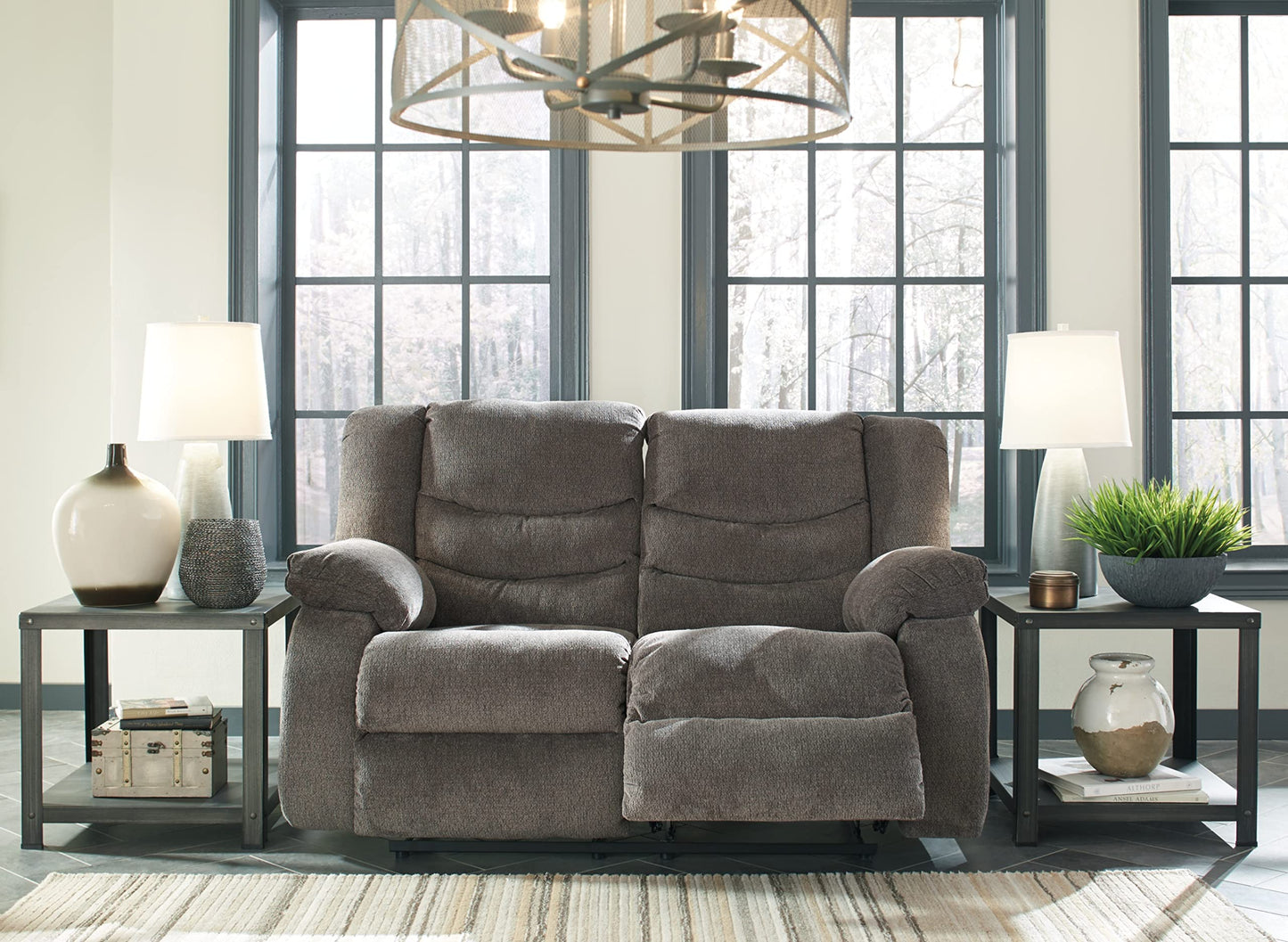 Signature Design by Ashley Tulen Modern Manual Pull Tab Reclining Loveseat, Dark Gray