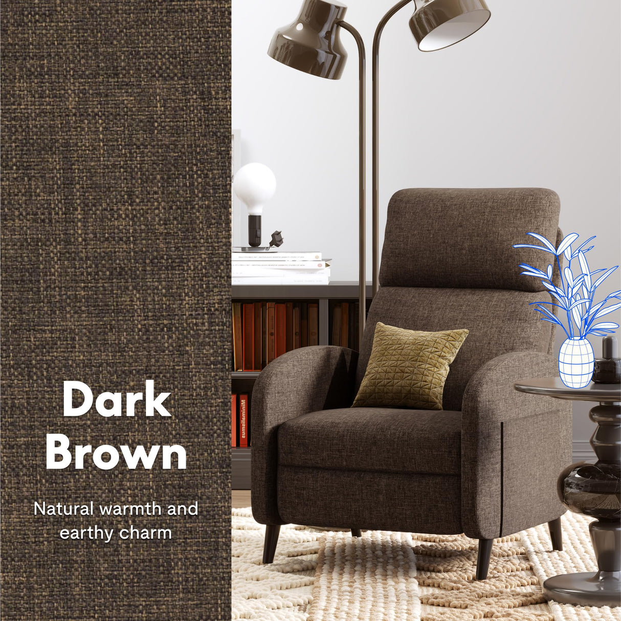 FLEXISPOT XC2 Recliner Chair for Adults, Fabric Small Recliner Home Theater Seating, Modern Reclining Chair, Adjustable Single Sofa Reading Chair with Extended Footrest for Living Room, Brown FLEXISPOT