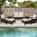 Tangkula 7 Pieces Patio Rattan Sofa Set, Outdoor Wicker Conversation Set w/Seat & Back Cushions, 2 Ottomans & 2 Coffee Tables, Acacia Wood Tabletop & Armrests, Wicker Sofa Set for Backyard, Poolside Tangkula