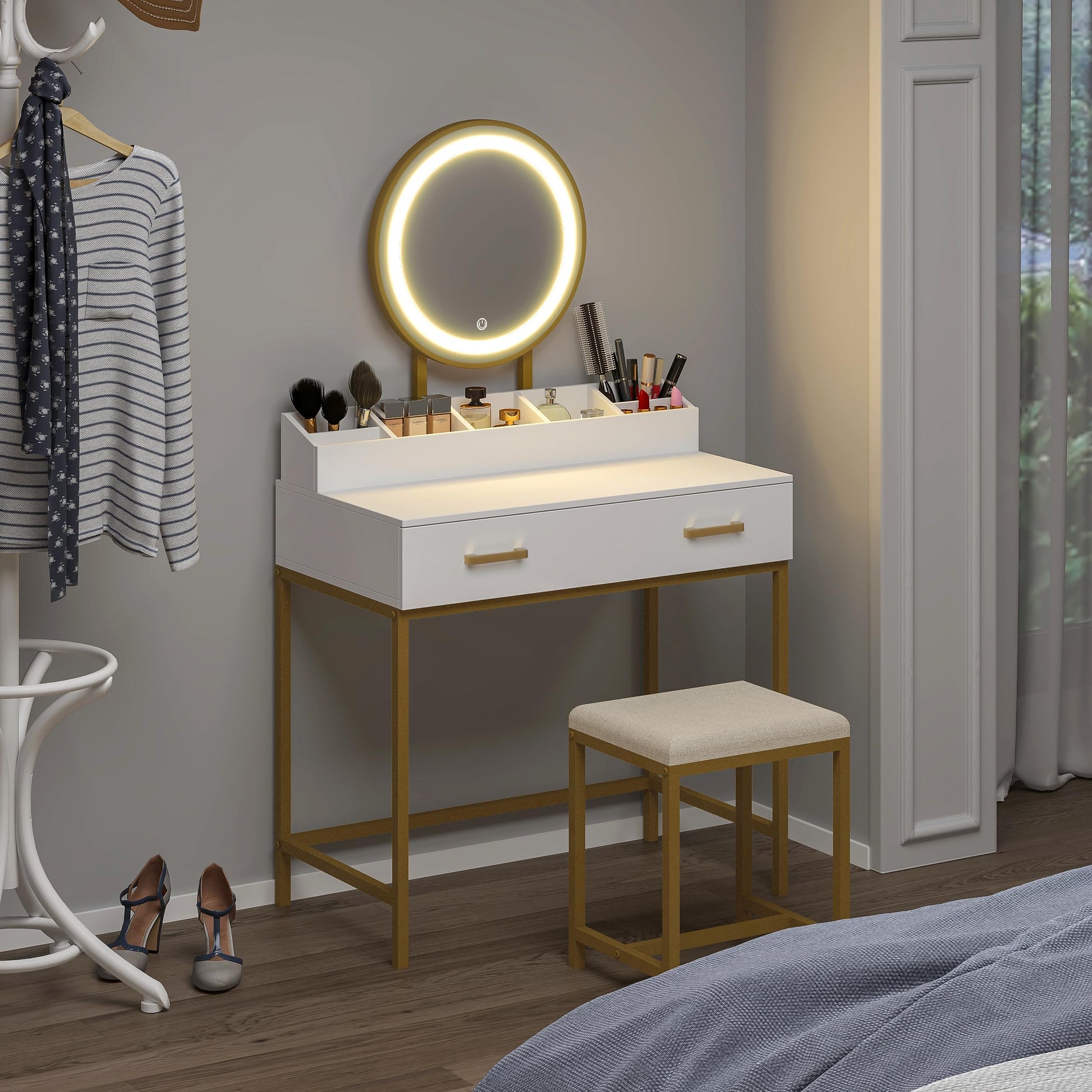 UTEX Makeup Vanity Desk with Mirror and Lights, Makeup Vanity Set with Drawers, Small Makeup Vanity Table, 3 Lighting Modes Dresser Desk and Cushioned Stool Set for Bedroom White and Gold - WoodArtSupply