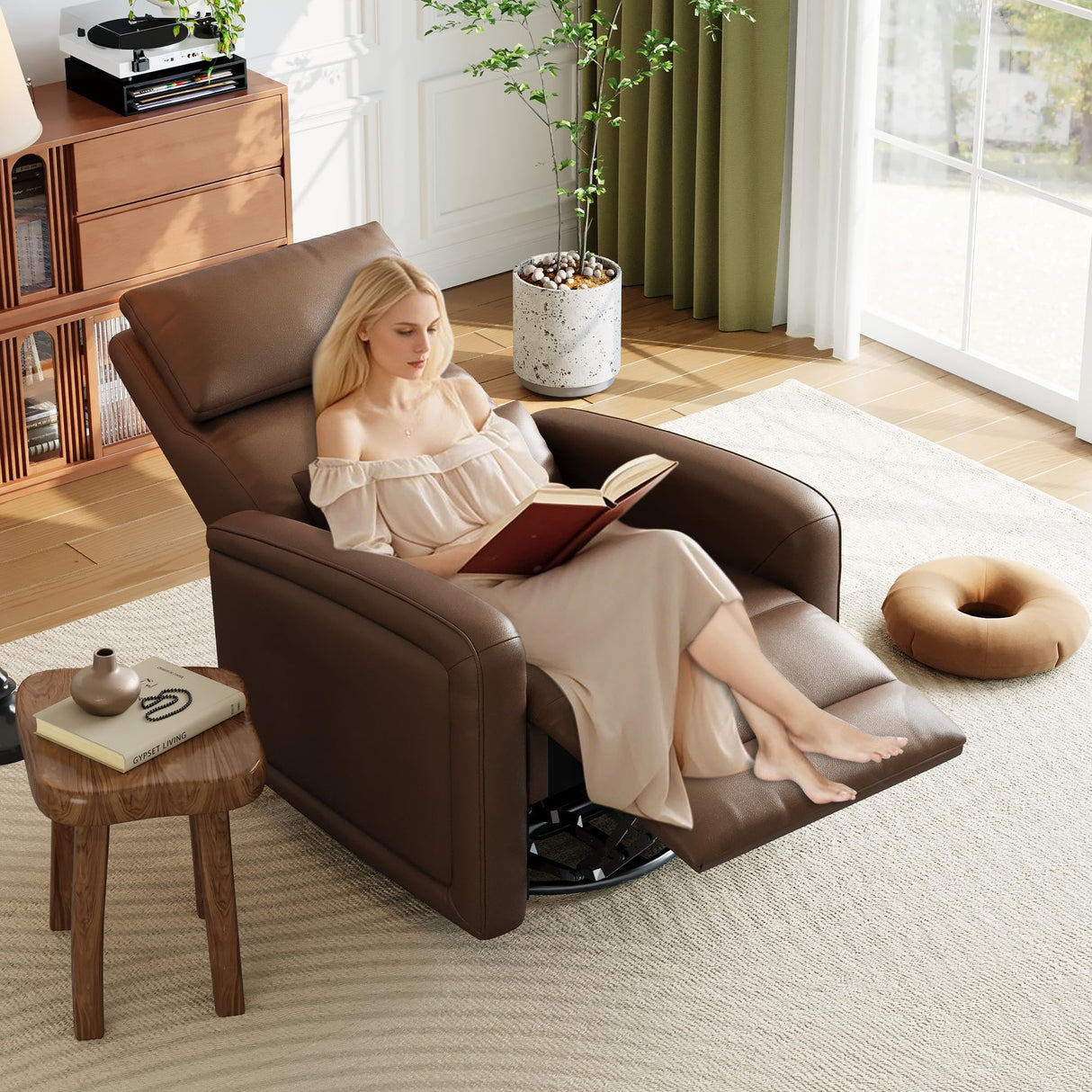 Adult Manual Recliner Chair, 360° Swivel Sofa Rocker, Faux Leather Single Sofa with Adjustable Backrest and Footstool, Modern Wingback Recliner with Hidden Pull Tabs, Living Room Armchair, Brown IDEALHOUSE