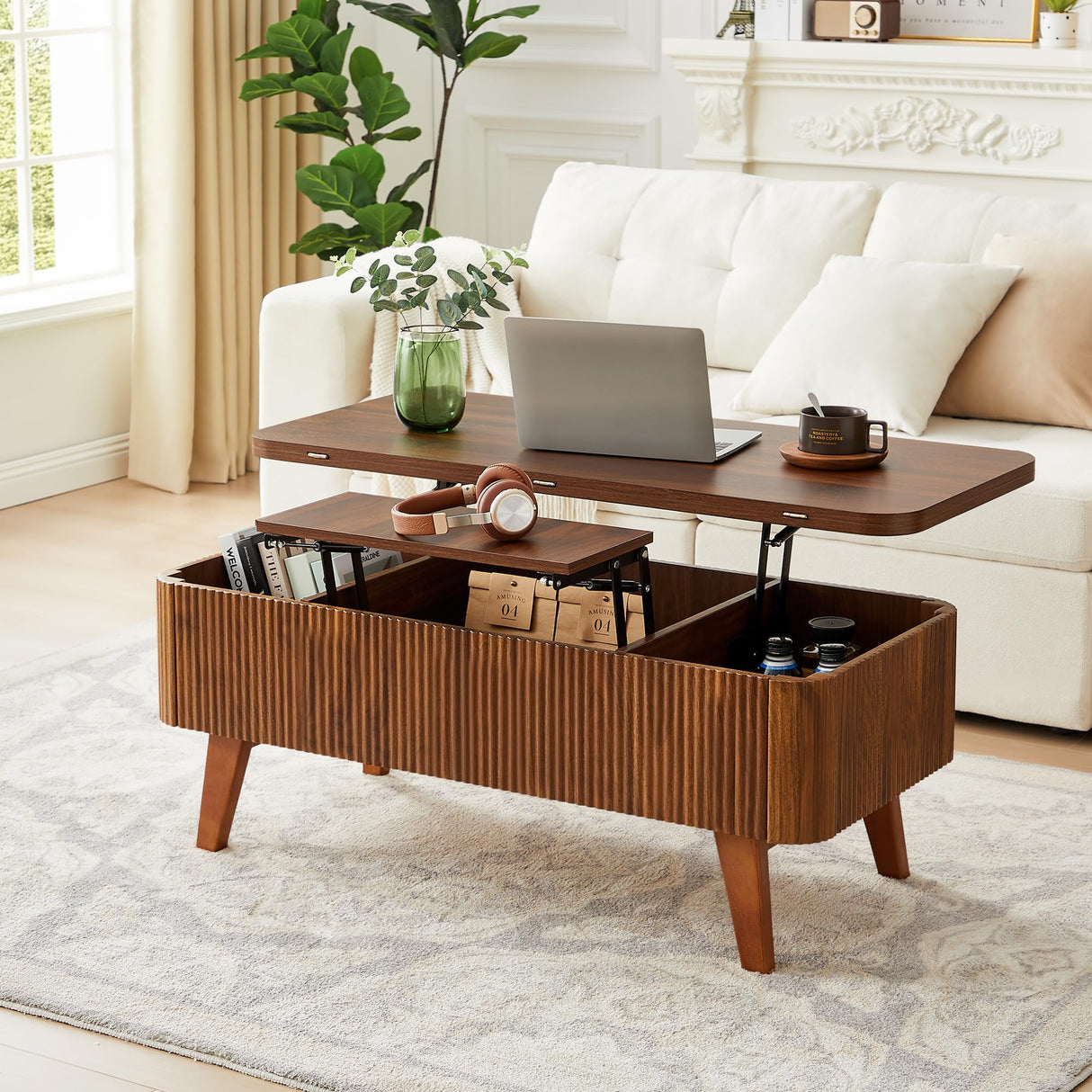 3 in 1 Lift Top Coffee Table, Fluted Convertible Coffee Tables Converts to Dining Tables, Modern Oval Wooden Center Table with Storage for Living Room Office Small Space, Partial Assembly (Walnut) ORRD