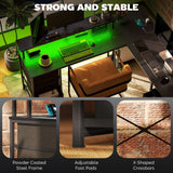 HOMCOM 66" L Shaped Gaming Desk, Reversible, 105" 2 Person Computer Desk with File Cabinet and Fabric Drawers, Power Outlets and LED Lights, Monitor Stand, Distressed Black HOMCOM