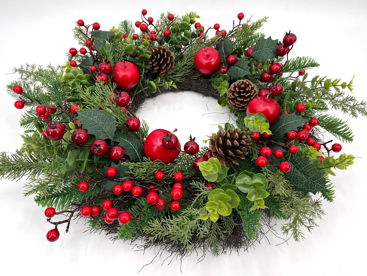 ARTINCRAFIO 24 Inch Christmas Wreath: Includes Red Bow & Zipped Storage Bag - Red Apple Berry Lush Foliage Wreaths for Front Door - Perfect Easy Post-Season Storage for Year-Round Use ARTINCRAFIO