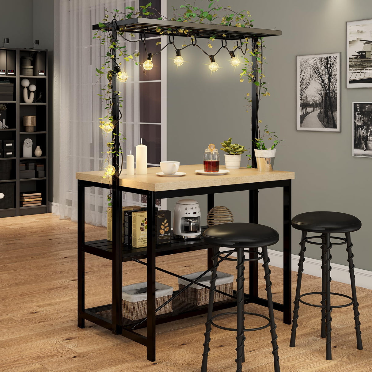 Amyove 42'' Large Kitchen Island Bakers Rack Microwave Oven Stand Shelf with 3 Tier Storage, Metal Coffee Bar Table,Kitchen Storage for Dining Living Room, 5 Hooks, 43.7 * 27.9 * 72 Amyove