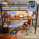 HOMCOM Metal Loft Bed Twin Size with L-Shaped Desk, LED Lights, Charging Station, for Teens Adults, Twin Loft Bed Frame with Fabric Drawers, Guardrail, Ladder, Noise Free, No Box Spring Needed, Black HOMCOM
