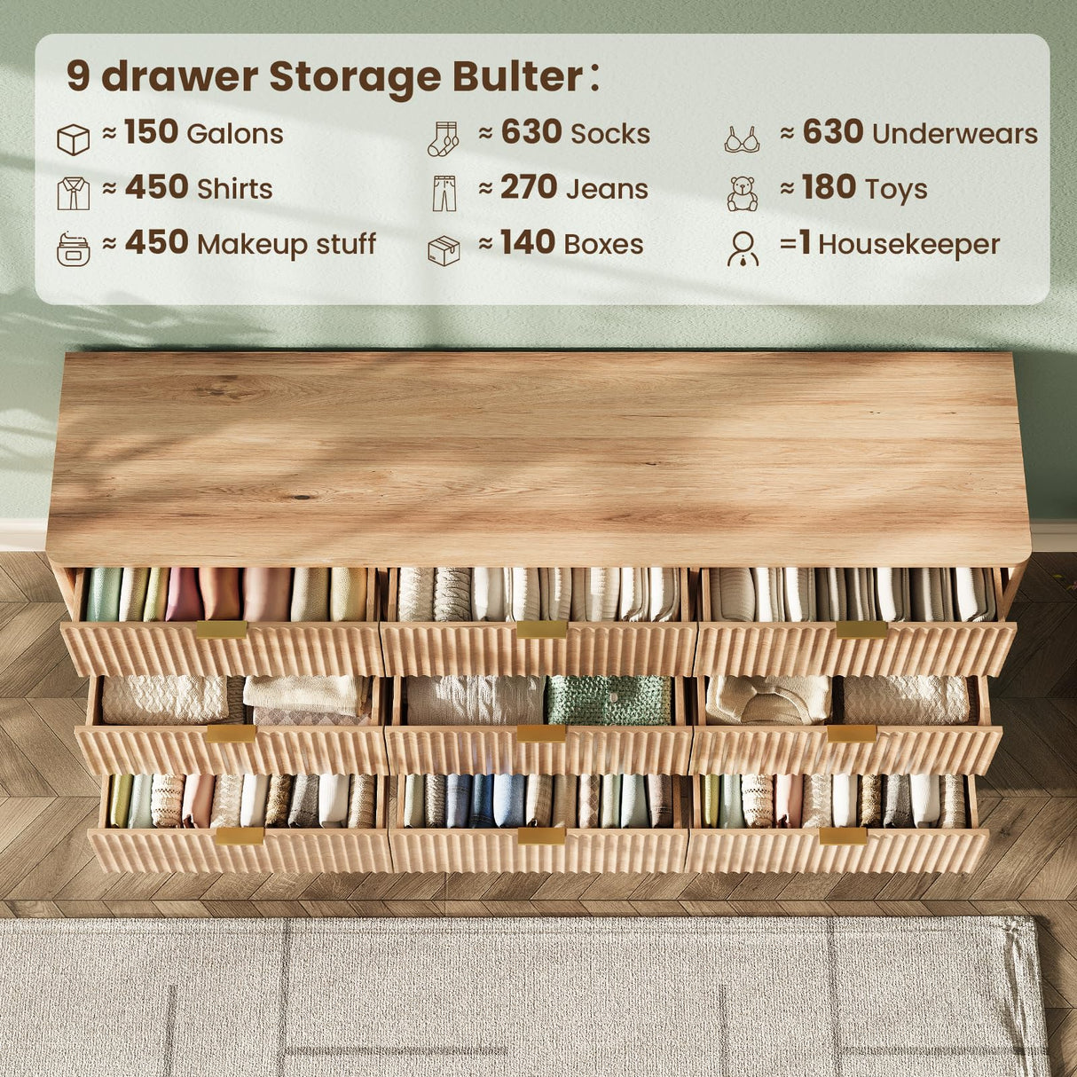TROJM 63'' Wide 9 Drawers Dresser for Bedroom,Modern Fluted Vertical Chest with Rounded Corners,Fluted Dresser for Living Room,Hallway, Natural Wood TROJM