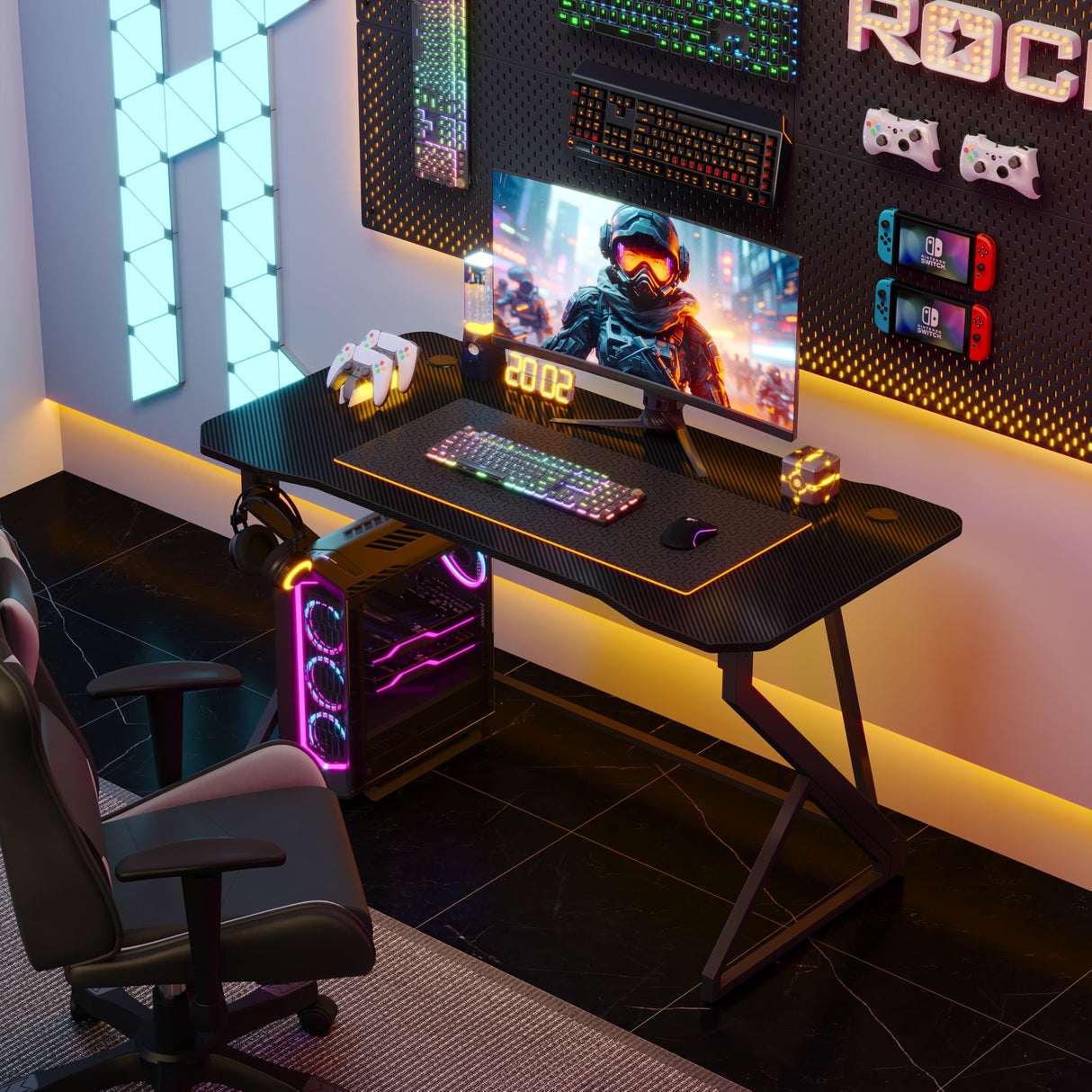 Grandder Gaming Desk Z Shaped 40 Inch Gamer Workstation, Home Computer Carbon Fiber Surface Gaming Desk PC Table with Headphone Hook, Carbon Fiber Black Grandder