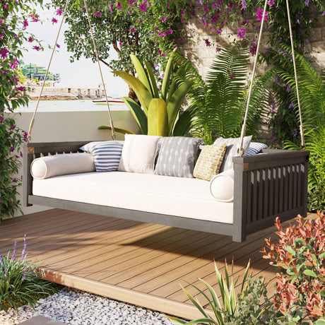 Wooden Porch Swing 2-Seater, Patio Swing Bed with Ropes and Safe Sloped Design, Outside Patio Swing for Backyard, Poolside (Gray) BEDGJH