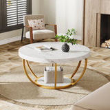 Tribesigns Modern Round Coffee Table, 2 Tier Coffee Table with Faux White Marble and Golden Metal Legs, Circle Center Table Tea Table Accent Furniture for Living Room, White and Gold Tribesigns
