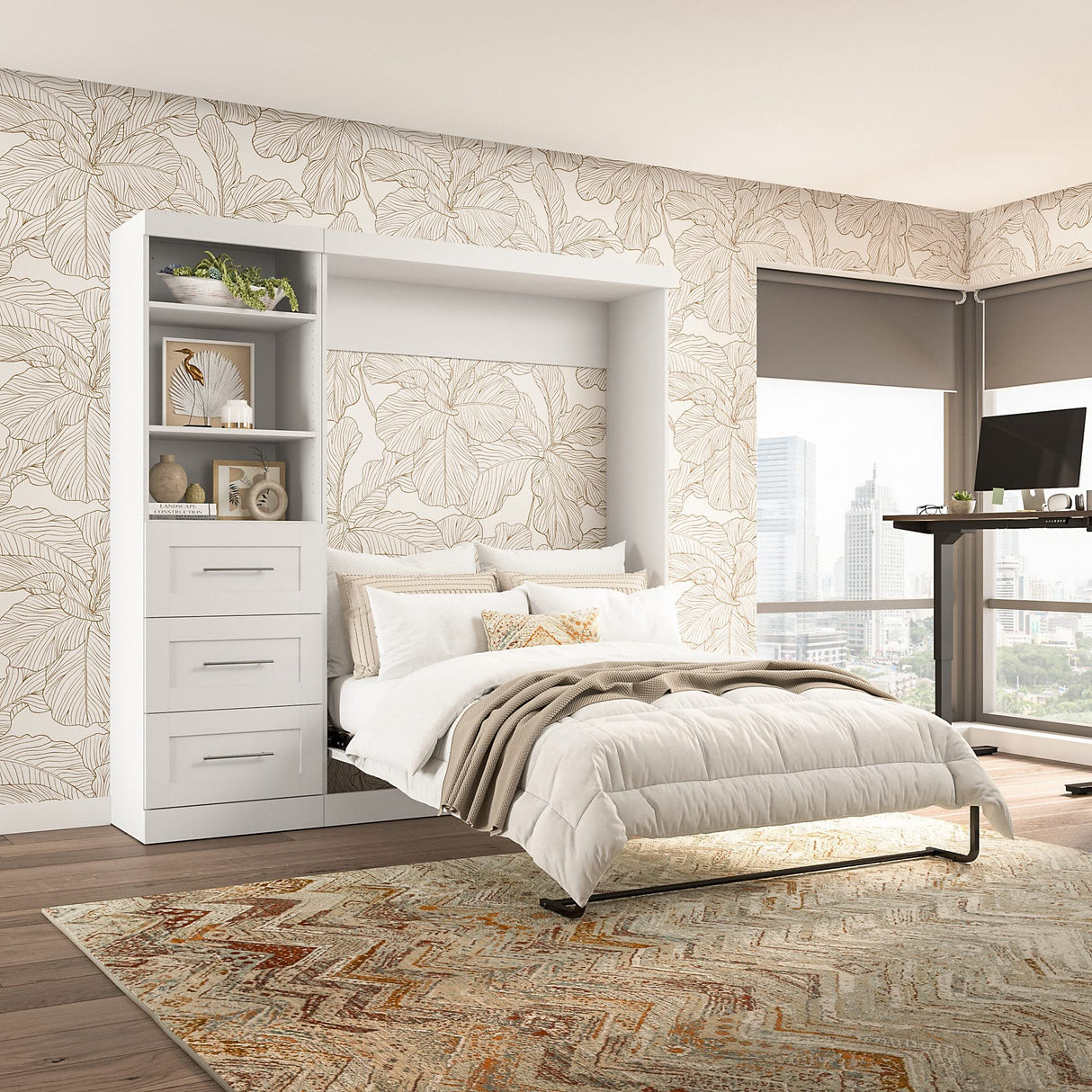 Bestar Pur Full Murphy Bed and Storage Unit with Drawers, 84-inch Space-Saving Wall Bed with Storage in White Bestar