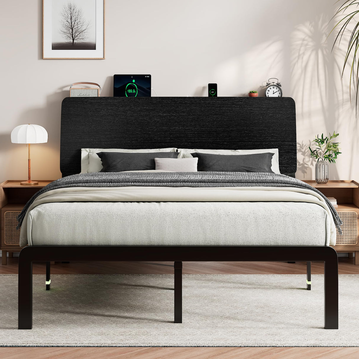 iPormis Full Size Metal Bed Frame with LED Lights & Charging Station, Platform Bed with Ergonomic Storage Headboard, Steel Slats Supports, No Box Spring Needed, Noise-Free, Easy Assembly, Black iPormis