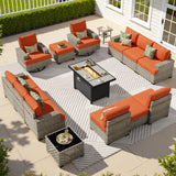 CAODOC 15-Piece Outdoor Sectional Sofa Set w/ 43" Fire Pit – L-Shaped Wicker Patio Furniture, Deep Seating & Swivel Rockers, Red CAODOC