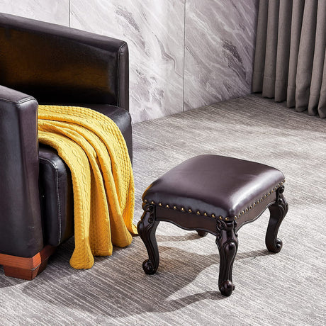 LKZ Foot Stool Microfiber Leather Ottoman Wooden Vintage Stool Small Sofa Stool Footrest Stool for Living Room Bedroom (Black-Brown) LKZ