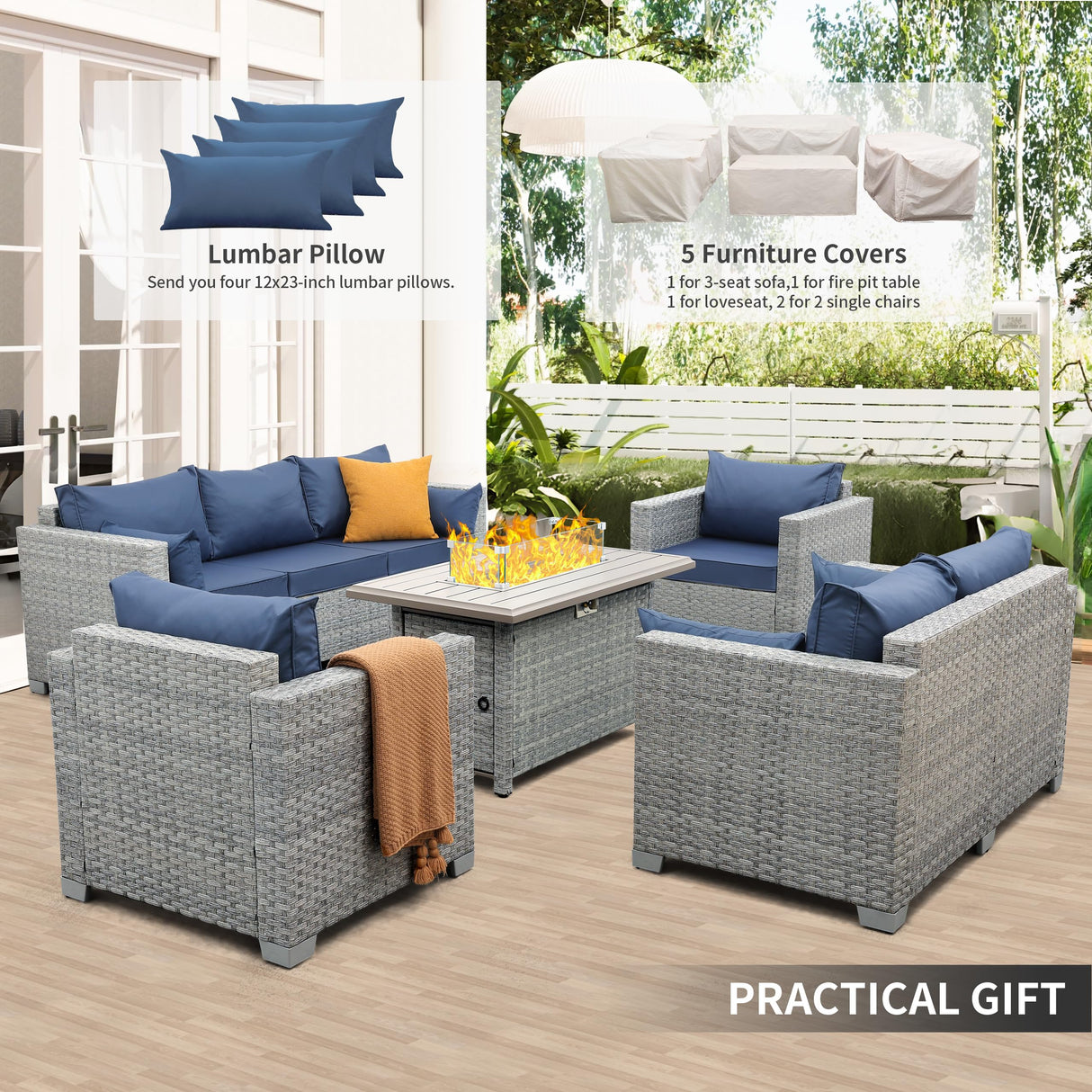 WAROOM Patio Furniture Set 5 Piece Grey Wicker Outdoor Furniture with Fire Pit Table, Patio Sectional Sofa Couch Sets Backyard Deep Seating PE Rattan Chairs, Navy Blue Cushion WAROOM