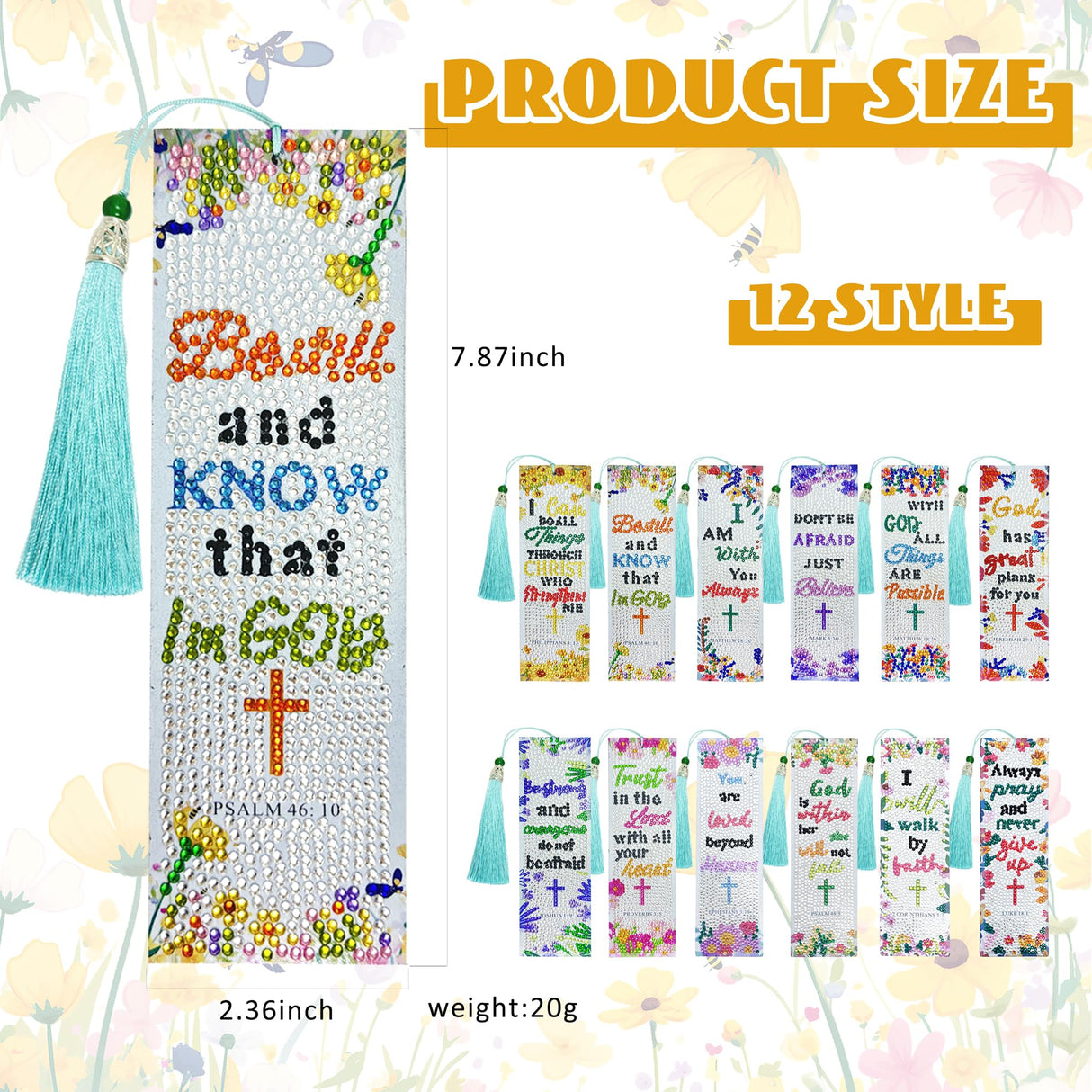 12Pcs Christian Bible Verse Diamond Art Bookmark for Adults Flower Cross 5d Diamond Painting Bookmarks with Tassel for DIY Making Kit for Reading Lover Book Lover DIY Crafts Religious Gift SEREDH
