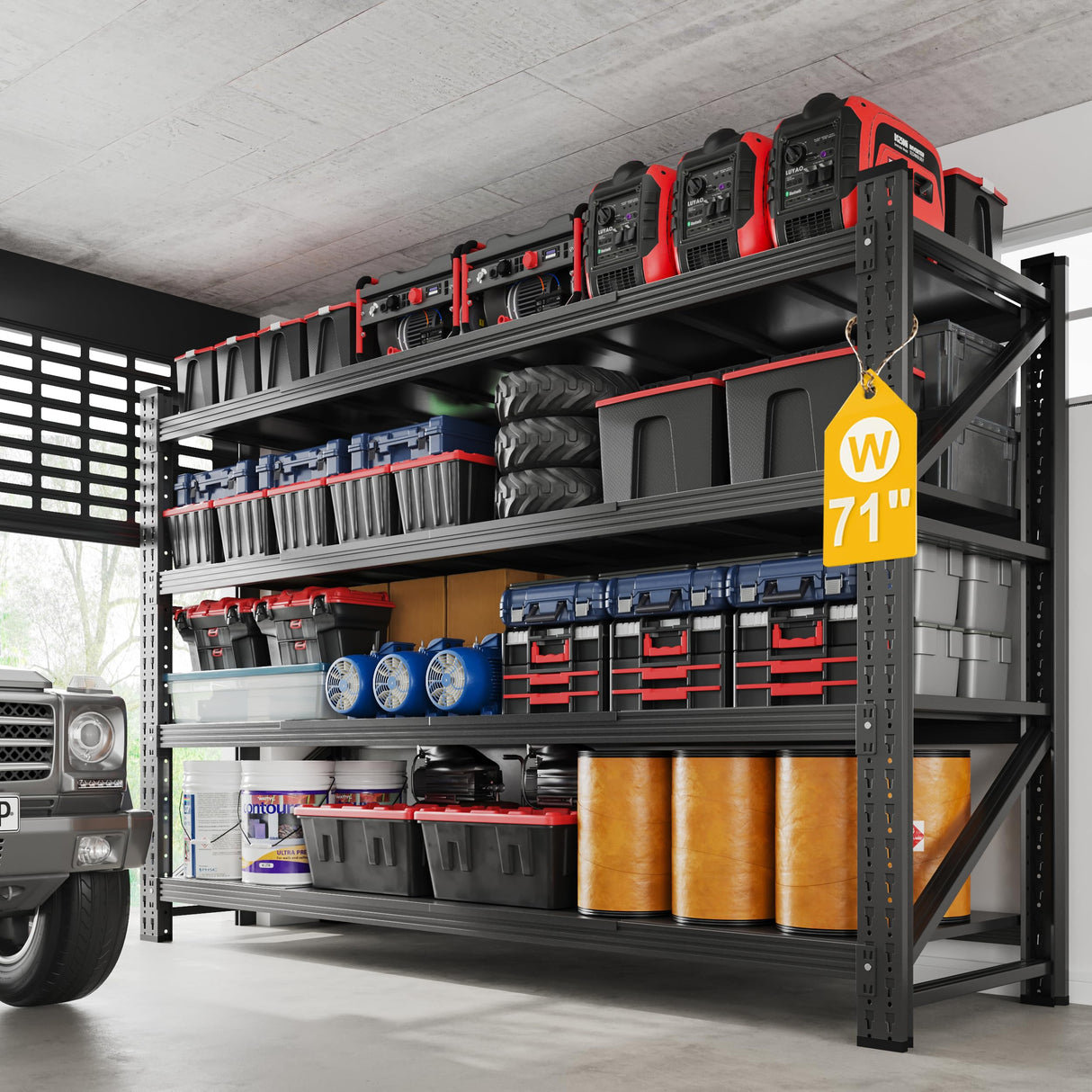 Fesbos 5000LBS Metal Steel Storage Shelves - 71.3" W Black 4 Tier Heavy Duty Rack Commercial Industrial Shelving with Adjustable Shelf for Basement Garage Warehouse - 71.3" W x 24" D x 70" H Fesbos