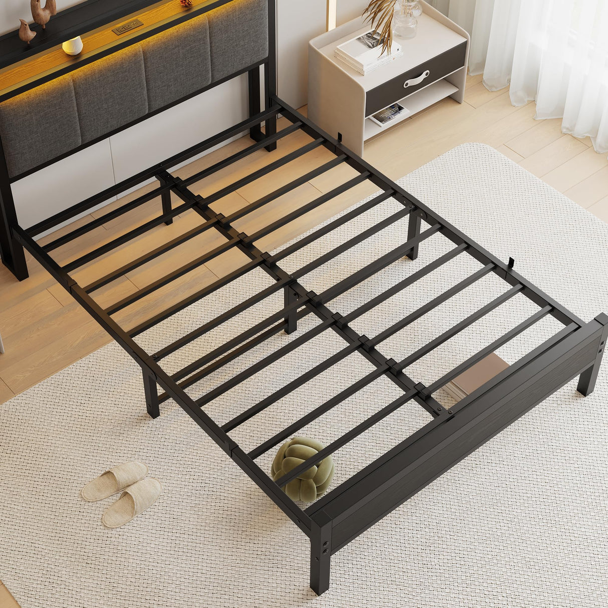 VECOCHO Full Size Bed Frame with LED Lights, Upholstered Headboard with Storage Shelves&Charging Station, Heavy Duty LED Bed Frame Full Mattress Foundation No Box Spring Needed, Noise Free,Grey VECOCHO