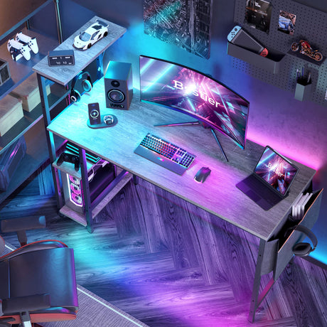 Bestier Gaming Desk with LED Lights, Computer Desk with 4 Tiers Reversible Shelves, 51.3 Inch Home Office Writing Desk with Side Storage Bag, Hooks and Height Adjustable Shelf (Retro Grey Oak) Bestier