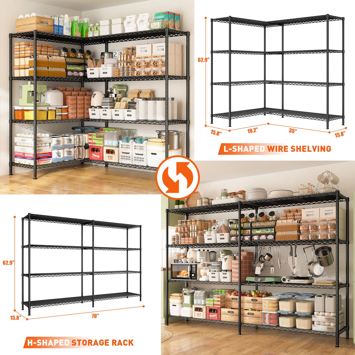 REIBII 70"W Metal Shelving, Storage Shelves 4-tier Wire Shelving Unit Load 1240LBS Metal Shelves for Storage Adjustable Shelving Rack for Pantry Kitchen Commercial school Garage 70"W*15.8"D*62.9"H REIBII