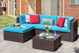 Vongrasig 5 Piece Furniture Sets, All-Weather Brown PE Wicker Outdoor Couch Sectional Small Patio Conversation Garden Sofa Set w/Ottoman, Glass Table, Blue Vongrasig