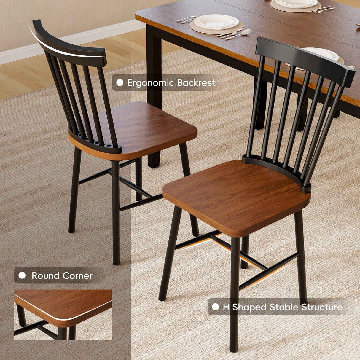 JUMMICO Solid Wood 6 Piece Dining Table Set, Modern 58"/W Kitchen Table Set for 6 with 4 Windsor Chairs & 1 Bench, Kitchen & Dining Room Sets for Kitchen, Restaurant (Brown & Black) JUMMICO