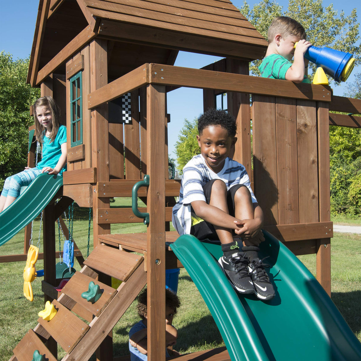 Swing-N-Slide WS 8354 Knightsbridge Super Wooden Swing Set with Two Slides, Play Set, Monkey Bars, Climbing Wall, Music Play & Climbing Wall, Wood, Green Swing-N-Slide