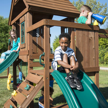 Swing-N-Slide WS 8354 Knightsbridge Super Wooden Swing Set with Two Slides, Play Set, Monkey Bars, Climbing Wall, Music Play & Climbing Wall, Wood, Green - WoodArtSupply