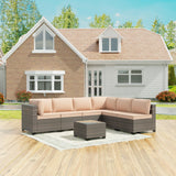Halmuz 7 Piece Patio Furniture Set Outdoor Conversation Sofa Set, High Back Wide PE Rattan Wicker Sectional Furniture Patio Sofa w/Tempered Glass Top Table&Thickened Cushions(Sand) Halmuz